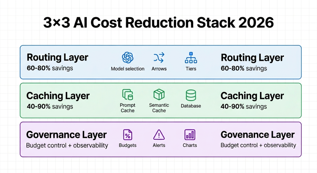 AI Agent Cost Reduction 2026: Model Routing, Prompt Caching & Token Governance 1 ai cost reduction 3x3 stack 2026